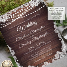 Invitación de encaje de luz de madera rústica Boda