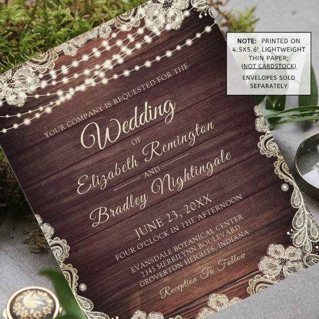Lámina Invitación de encaje de luz de madera rústica Boda (Subido por el creador)