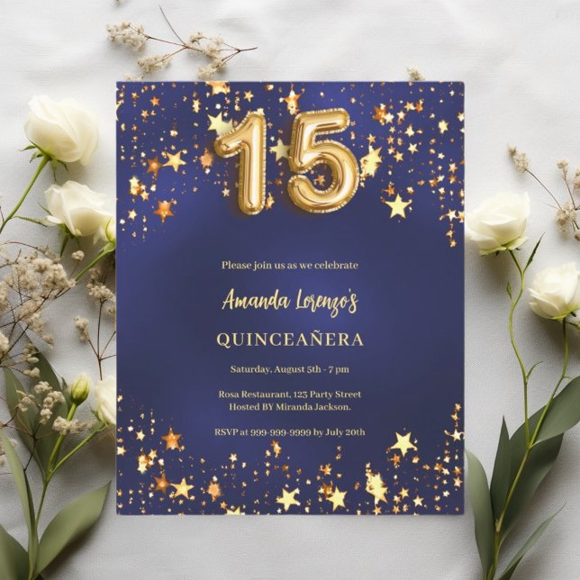 Lámina Invitación de estrellas de oro azul marino Quincea (Subido por el creador)