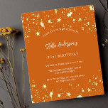 Lámina Invitación de estrellas de oro del naranja de cump<br><div class="desc">Un fondo naranja quemado decorado con estrellas doradas. Personalice y agregue un nombre y detalles del fiesta. El nombre está escrito con un guión de estilo con letras a mano,  letras de color blanco. 1 hoja = 1 borde impreso de invitación al borde.</div>