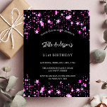 Lámina Invitación de estrellas negras de cumpleaños<br><div class="desc">Un fondo negro decorado con estrellas rosas. Personalice y agregue un nombre y detalles del fiesta. El nombre está escrito con un guión de estilo con letras a mano,  letras de color blanco.</div>