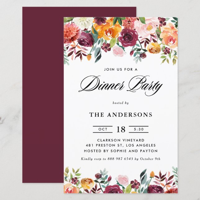 Lámina Invitación de fiesta de cena en Garland en Blooms  (Anverso / Reverso)