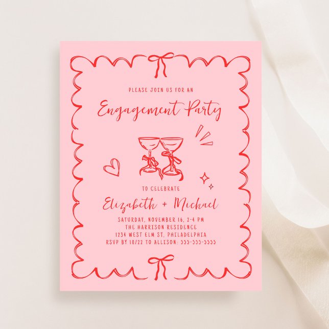 Lámina Invitación de fiesta de compromiso rosa caprichosa (Whimsical Pink Red Engagement Party Invitation)