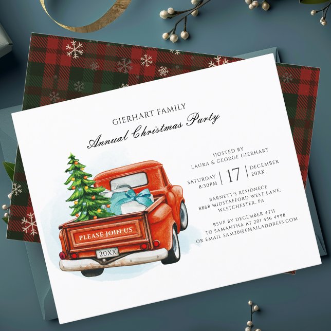 Lámina Invitación de fiesta de la familia de camiones roj (Rustic Christmas Party Red Truck Elegant Invitation)
