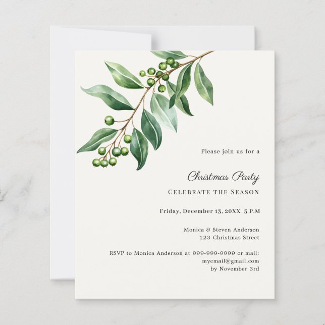 Lámina invitación de fiesta de Navidad con follaje de mué (Anverso)