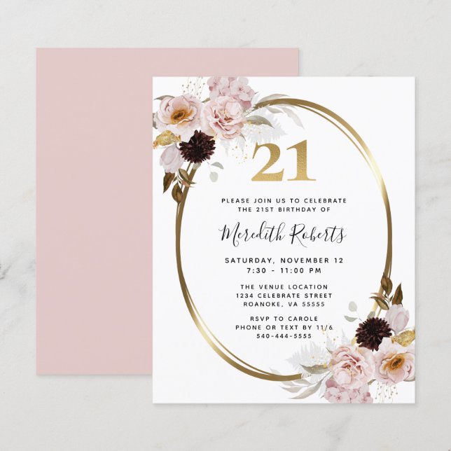 Lámina Invitación de Fiesta de oro floral, Rosa de cumple (Anverso / Reverso)