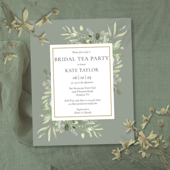 Lámina Invitación de Fiesta de té de novia de follaje ver (Budget Sage Green Foliage Bridal Tea Party Invite)