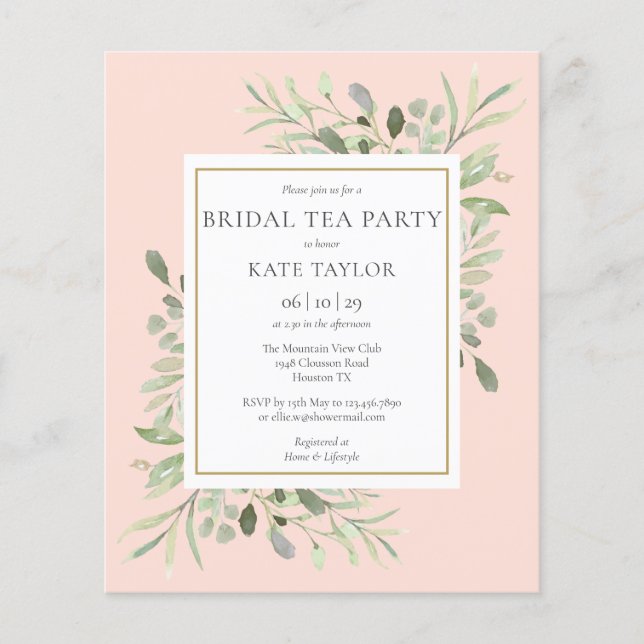 Lámina Invitación de Fiesta de té de novia rosa Rubor con (Anverso)