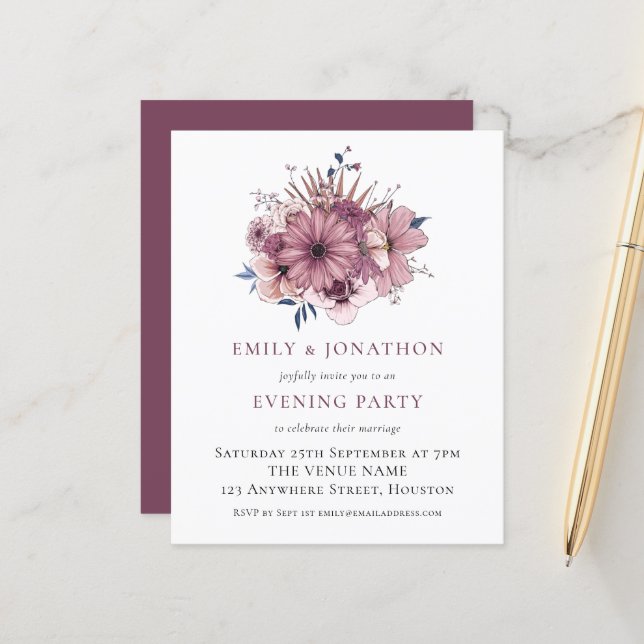 Lámina Invitación de Fiesta nocturno Boda Purple Florals (Anverso/Reverso In Situ)