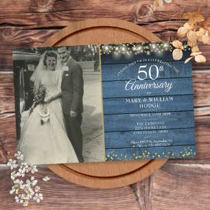 Lámina Invitación de foto azul rústica del 50 aniversario
