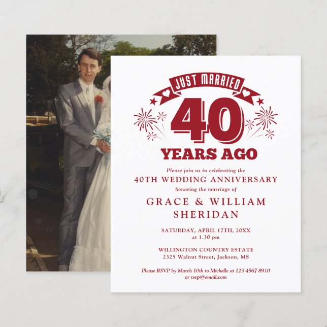 Lámina Invitación de foto de aniversario de bodas de 40 a (Anverso / Reverso)