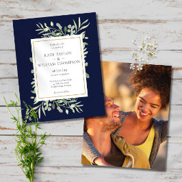 Lámina Invitación de Foto de Boda Azul Marino con Verde E