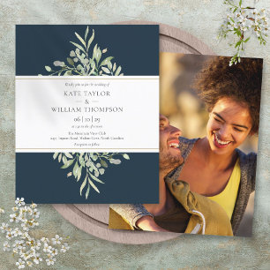 Lámina Invitación de foto de boda azul profundo de presup