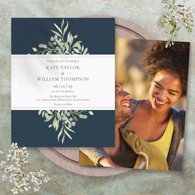 Lámina Invitación de foto de boda azul profundo de presup (Budget Deep Sea Blue Greenery Wedding Photo Invite)