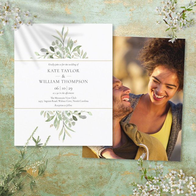 Lámina Invitación de Foto de Boda de Vegetación de Presup (Budget Greenery Wedding Photo Invitation)