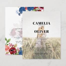 Lámina Invitación de Foto de Boda Floral Azul de Borgoña 