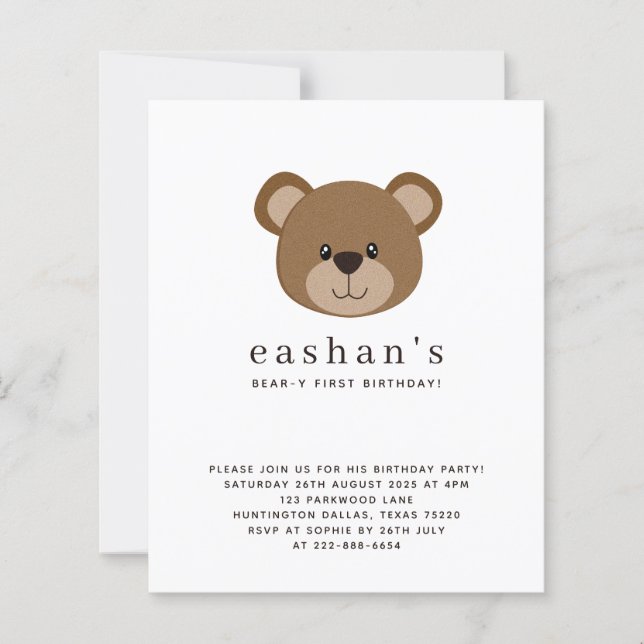 Lámina Invitación de foto de primer cumpleaños de oso lin (Anverso)