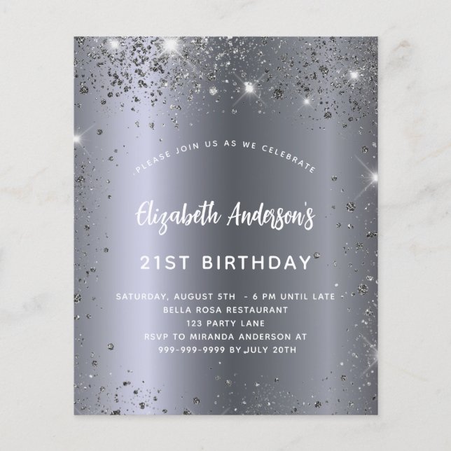 Lámina Invitación de glam purpurina de plata para cumplea (Anverso)