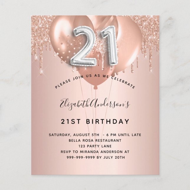 Lámina Invitación de globos rosa de oro de plata para 21  (Anverso)