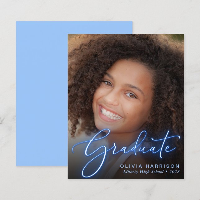 Lámina Invitación de Graduación Azul de Foto Neon de Pres (Anverso / Reverso)