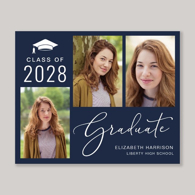 Lámina Invitación de Graduación Azul de la Foto de Guión  (An elegant photo collage graduation announcement to celebrate the graduate's achievements)