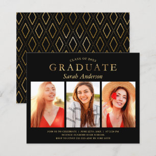 Lámina Invitación de graduación con 3 fotos Black Gold