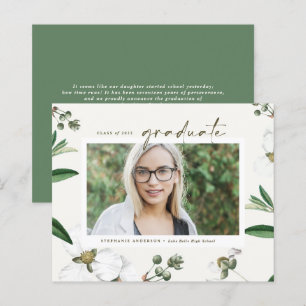 Lámina Invitación de graduación con foto de flores blanca