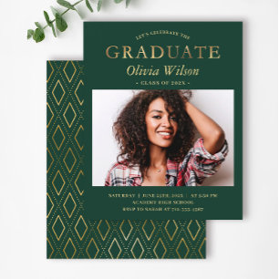 Lámina Invitación de graduación con foto dorada verde pre