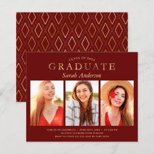 Lámina Invitación de graduación con foto dorada y granate