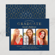 Invitación de graduación con tres fotos de oro de