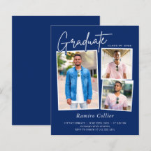 Invitación de graduación de 3 fotos en azul marino