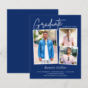 Lámina Invitación de graduación de 3 fotos en azul marino