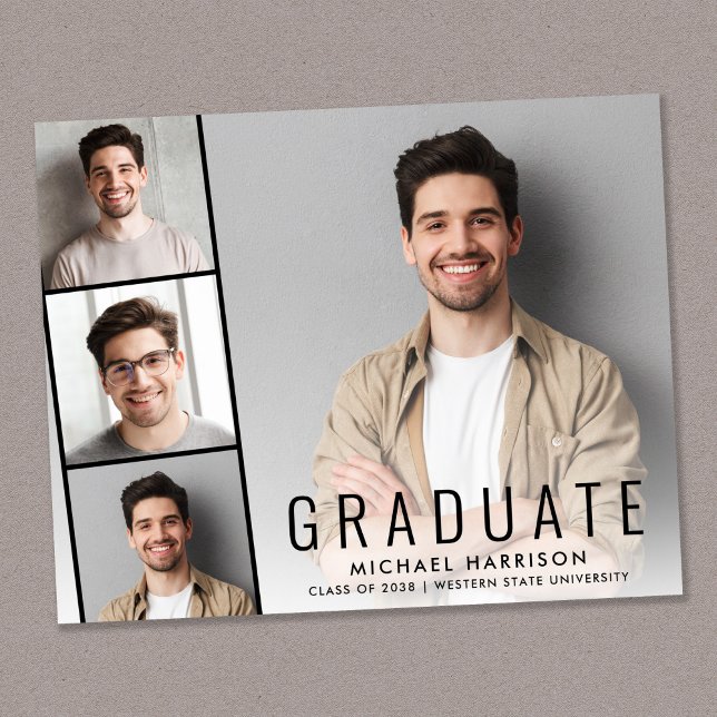 Lámina Invitación de Graduación de Fotos Modernas de Pres (A personalized photo graduation party invitation to celebrate the graduate's achievements)