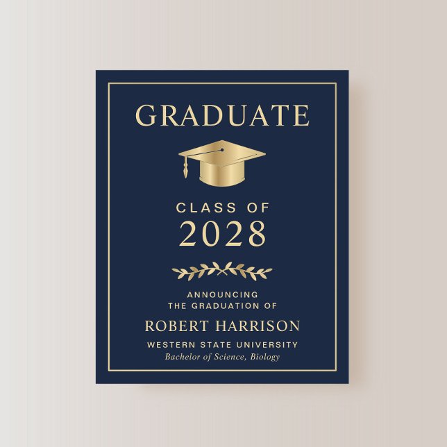 Lámina Invitación de Graduación de Oro Azul de Budget Col (An elegant college graduation announcement to celebrate the graduate's achievements)
