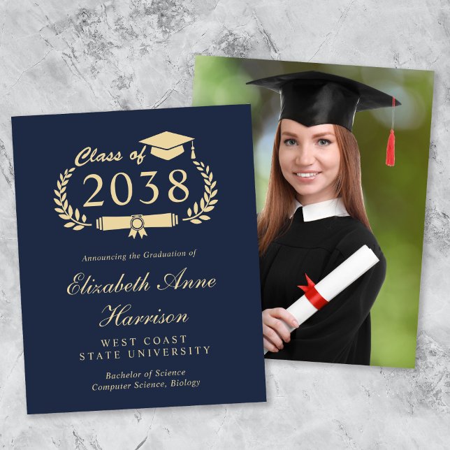 Lámina Invitación de graduación de Oro Azul foto presupue (An elegant college graduation announcement to celebrate the graduate's achievements)