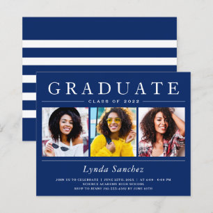 Lámina Invitación de graduación de tres fotos a rayas bla