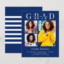 Invitación de graduación de tres fotos en azul mar