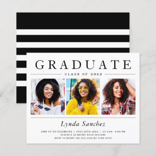 Lámina Invitación de graduación de tres fotos en blanco y