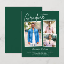 Invitación de graduación de tres fotos verde blanc