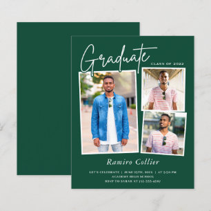 Lámina Invitación de graduación de tres fotos verde blanc