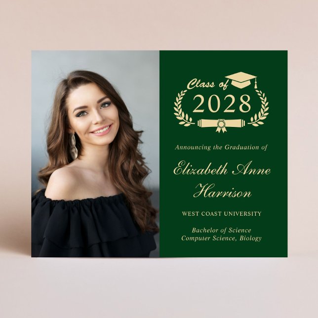 Lámina Invitación de Graduación del Colegio Verde Foto Pr (An elegant budget-friendly college graduation announcement to celebrate the graduate's achievements)