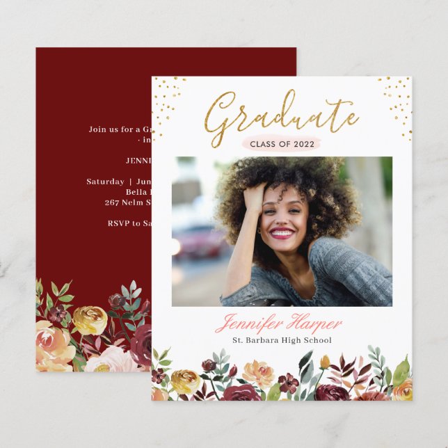 Lámina Invitación de Graduación Floral de Borgoña Presupu (Anverso / Reverso)