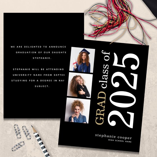 Lámina Invitación de Graduación Negra de Presupuesto 3 fo (front and back view)