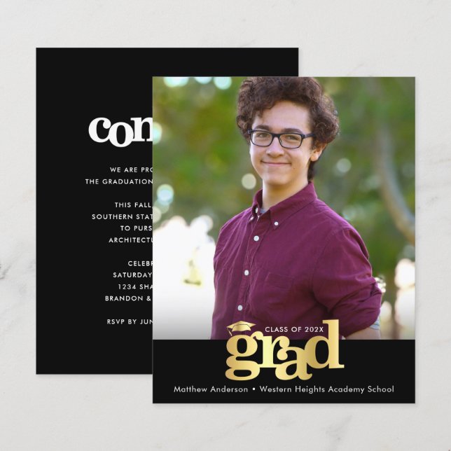 Lámina Invitación de Graduación Negra Dorada Presupuesto  (Anverso / Reverso)