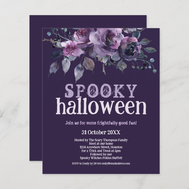 Lámina Invitación de Halloween espeluznante con flores pú (Anverso / Reverso)