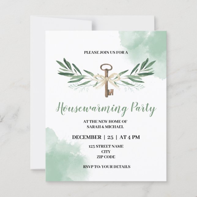 Lámina invitación de inauguración de casa con tema verde (Anverso)