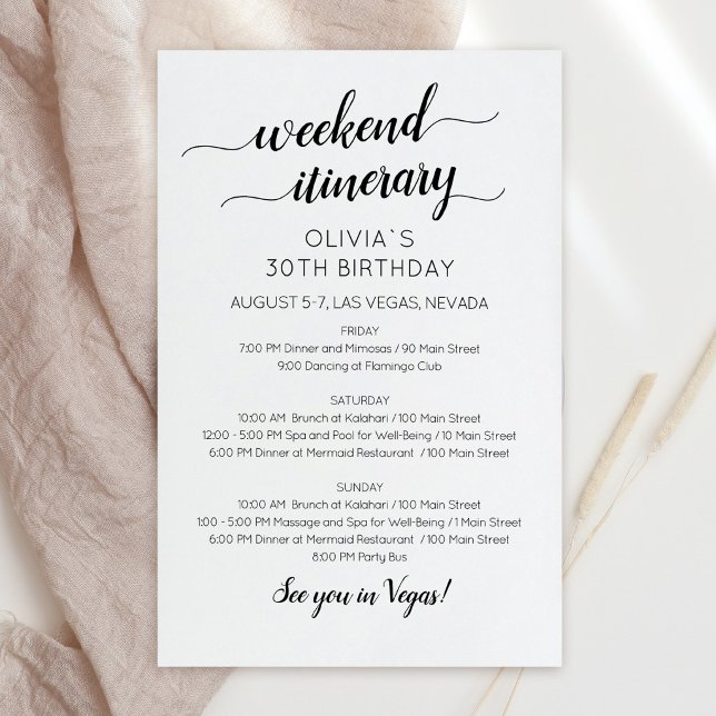Lámina Invitación de Itinerario de Cumpleaños de Fin de S (Elegant Weekend Birthday Itinerary Invitation)