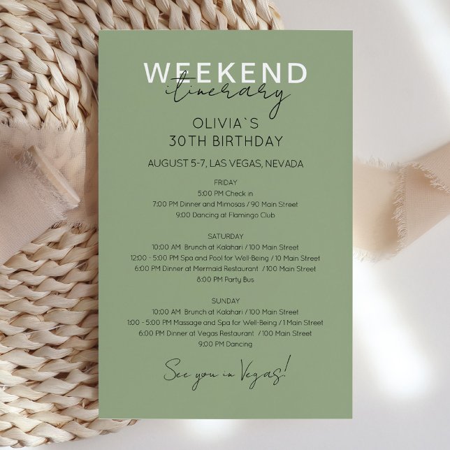 Lámina Invitación de itinerario de cumpleaños de fin de s (Aesthetic Sage Green Birthday Itinerary Invitation Design)