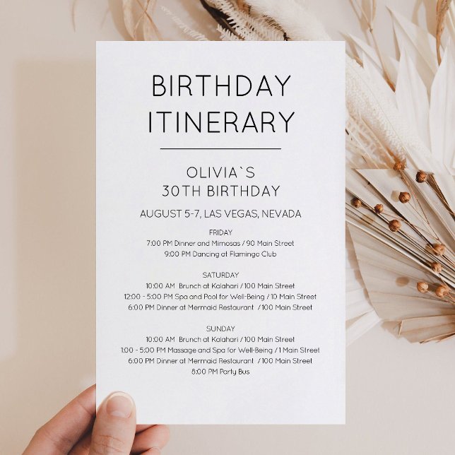 Lámina Invitación de Itinerario de Cumpleaños de Fin de S (Elegant Weekend Birthday Itinerary Invitation)