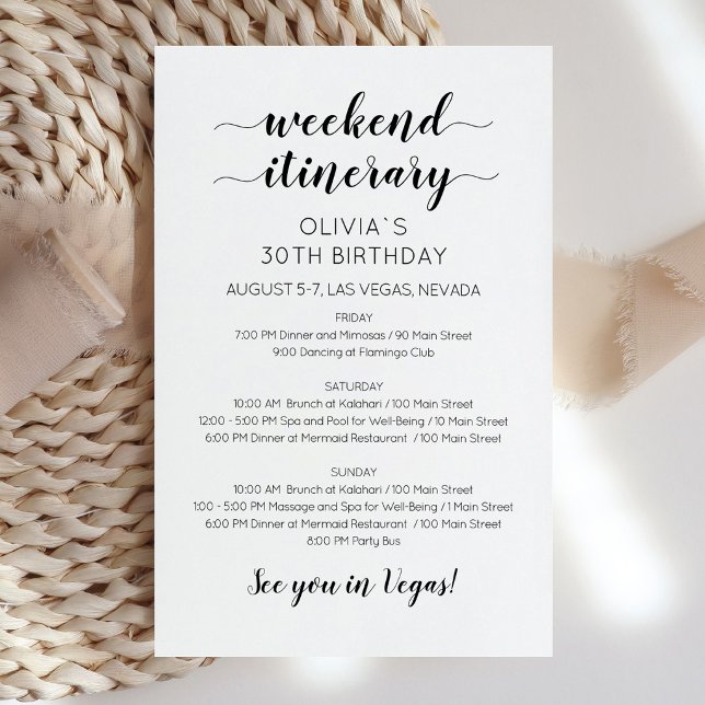 Lámina Invitación de Itinerario de Cumpleaños de Fin de S (Elegant Weekend Birthday Itinerary Invitation)